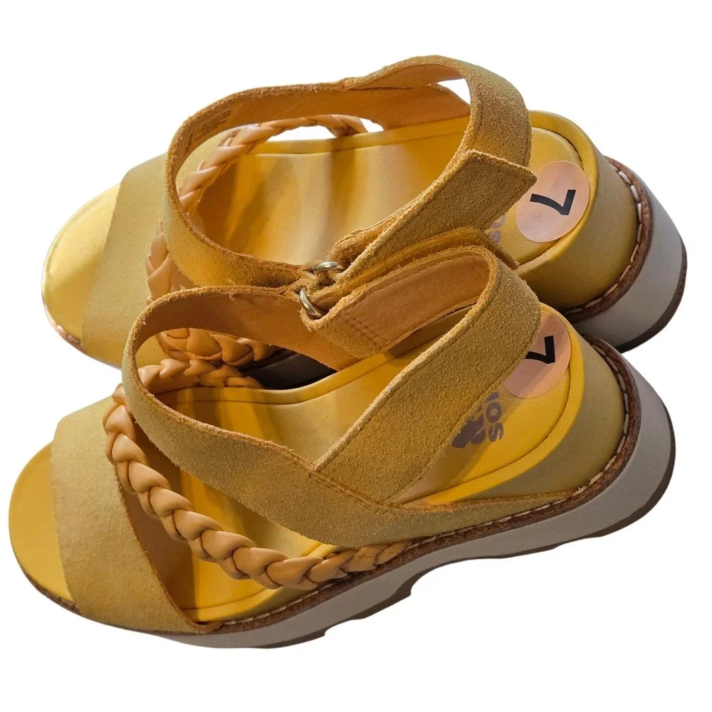 Sorel Yellow Platform Sandals Size 7 Braided Strap Suede Sporty Chic - Picture 4 of 6